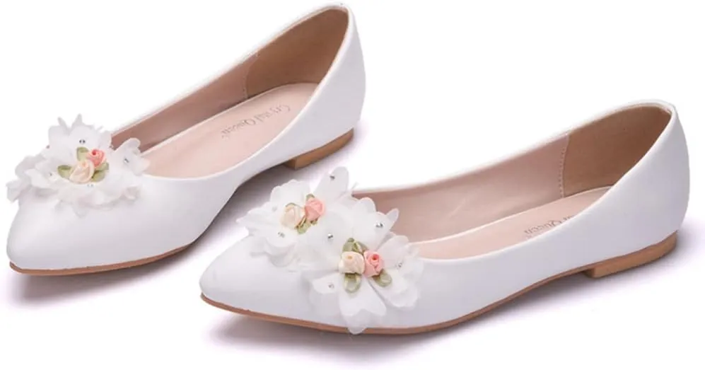 1 Pair Lace Flat Shoes Shallow Mouth Casual Shoes Women Leather Shoes Women Pointed Shoes Lace Bow Shoes Bridesmaid Shoes Bridal Shoes Flat-soled Shoes Wedding Female Footwear White