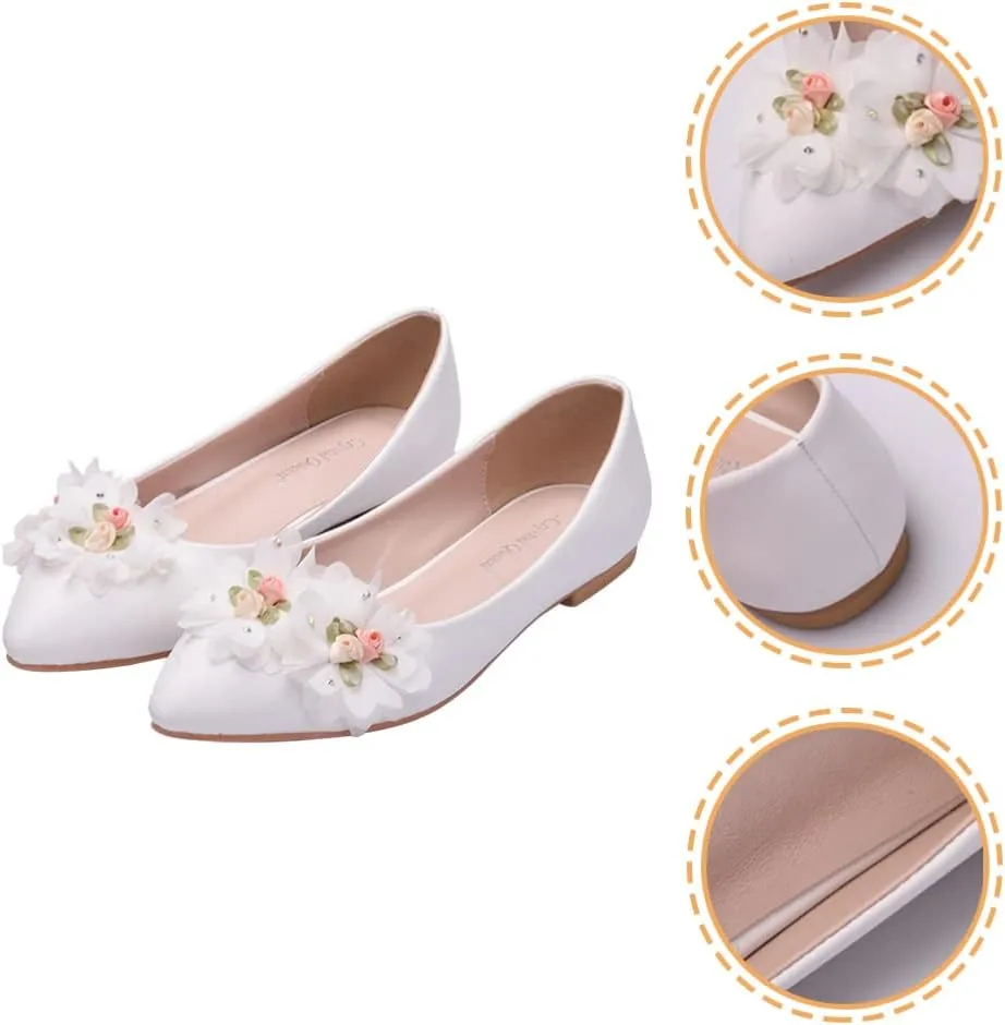 1 Pair Lace Flat Shoes Shallow Mouth Casual Shoes Women Leather Shoes Women Pointed Shoes Lace Bow Shoes Bridesmaid Shoes Bridal Shoes Flat-soled Shoes Wedding Female Footwear White