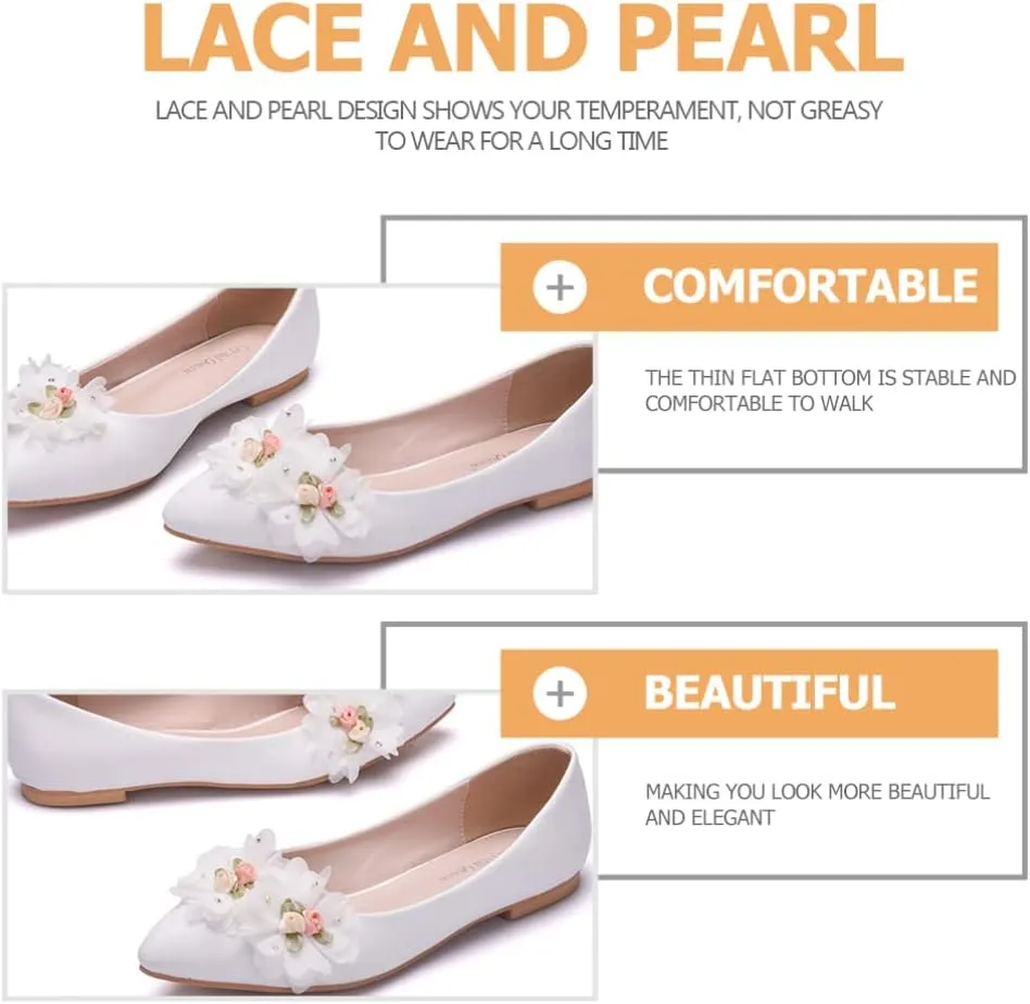 1 Pair Lace Flat Shoes Shallow Mouth Casual Shoes Women Leather Shoes Women Pointed Shoes Lace Bow Shoes Bridesmaid Shoes Bridal Shoes Flat-soled Shoes Wedding Female Footwear White
