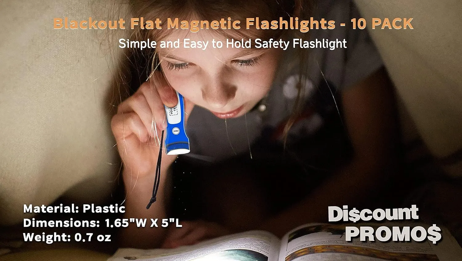 10 Blackout Flat Magnetic Flashlights Set - Customizable Text, Logo - LED Lights, Wrist Strap Included, Fridge Magnet - Blue