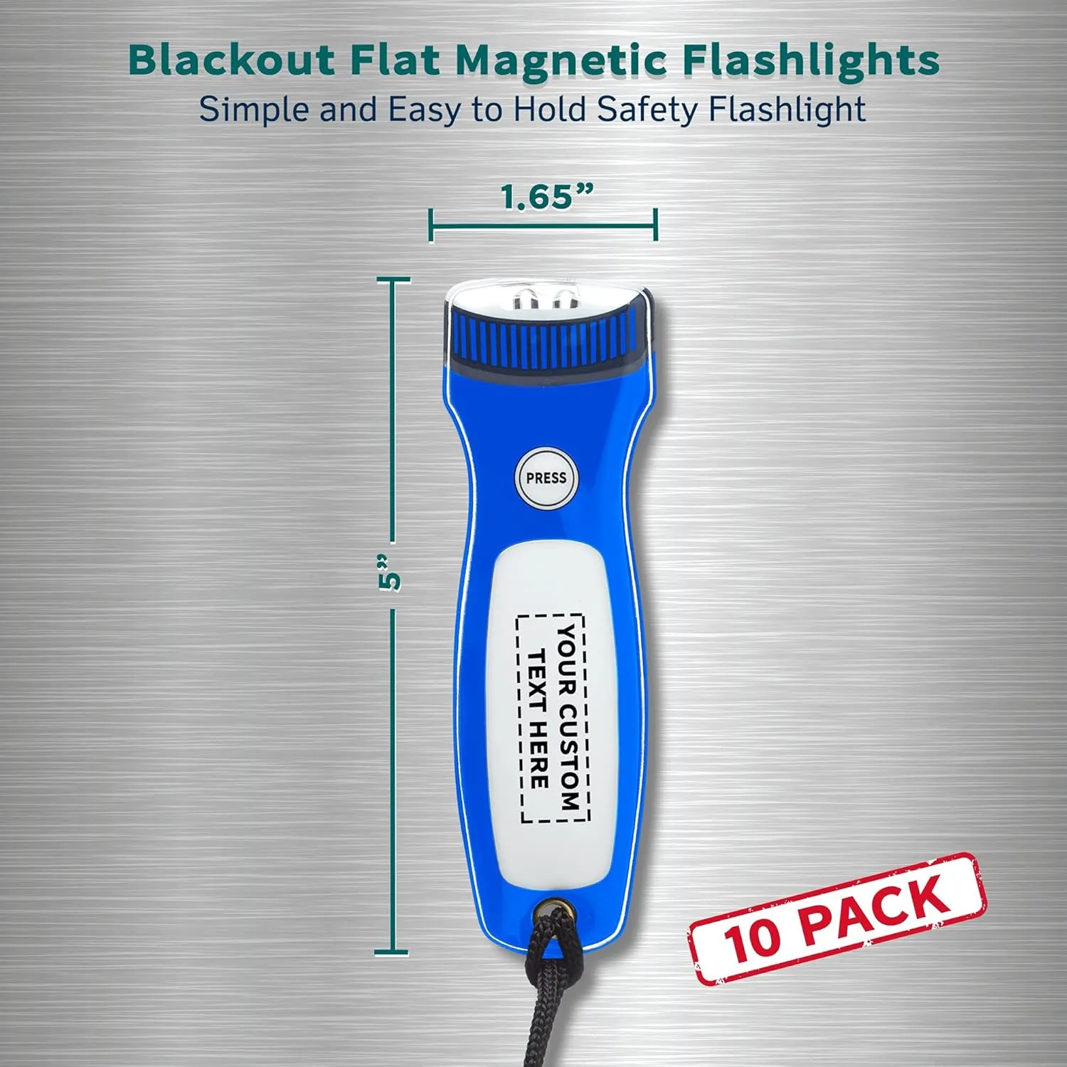 10 Blackout Flat Magnetic Flashlights Set - Customizable Text, Logo - LED Lights, Wrist Strap Included, Fridge Magnet - Blue