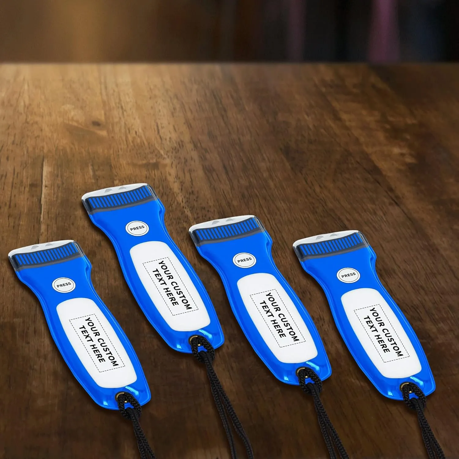 10 Blackout Flat Magnetic Flashlights Set - Customizable Text, Logo - LED Lights, Wrist Strap Included, Fridge Magnet - Blue