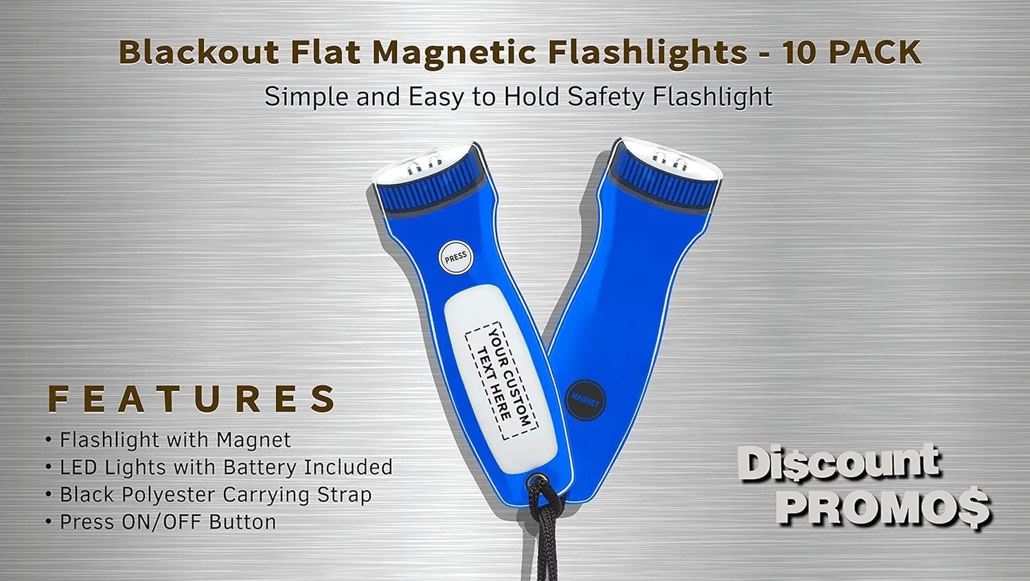 10 Blackout Flat Magnetic Flashlights Set - Customizable Text, Logo - LED Lights, Wrist Strap Included, Fridge Magnet - Blue