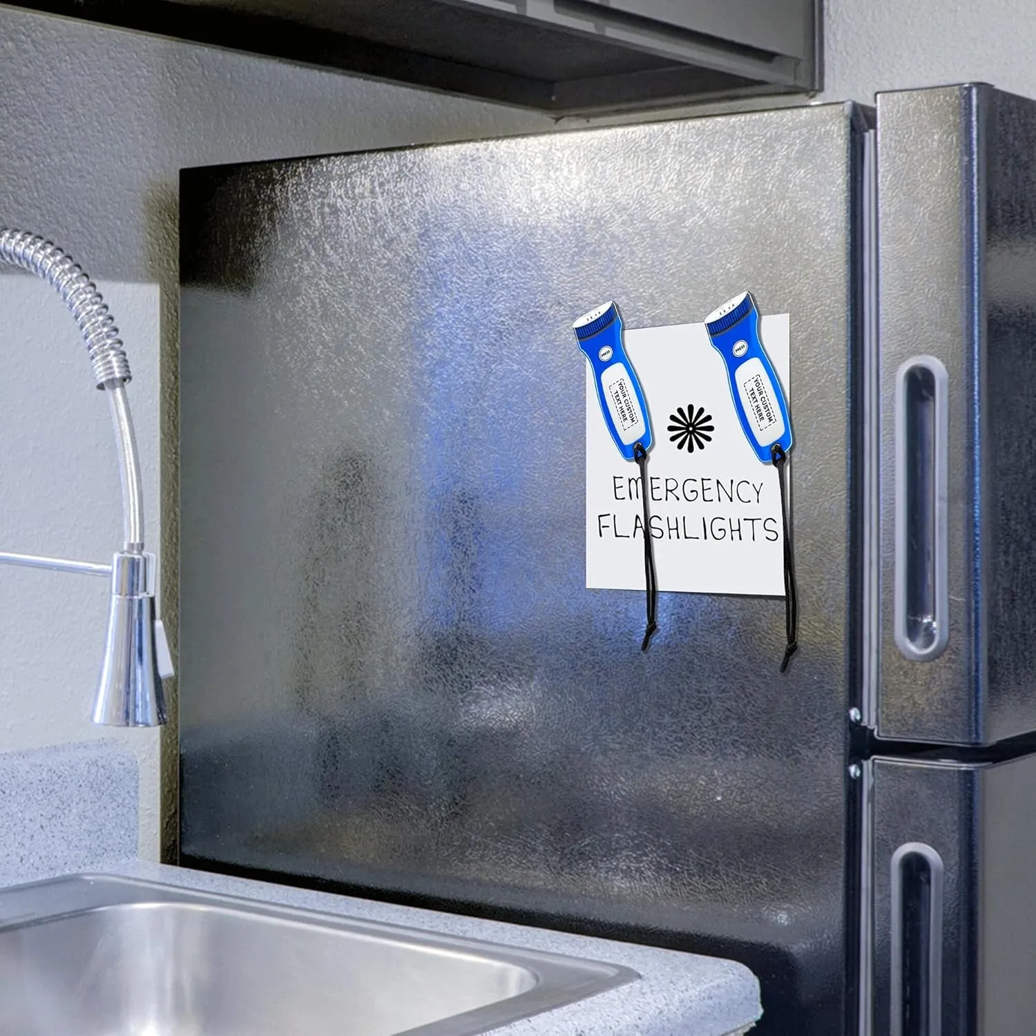 10 Blackout Flat Magnetic Flashlights Set - Customizable Text, Logo - LED Lights, Wrist Strap Included, Fridge Magnet - Blue