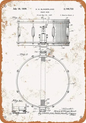10 x 14 METAL SIGN - 1939 Slingerland Snare Drum Patent - Vintage Rusty Look