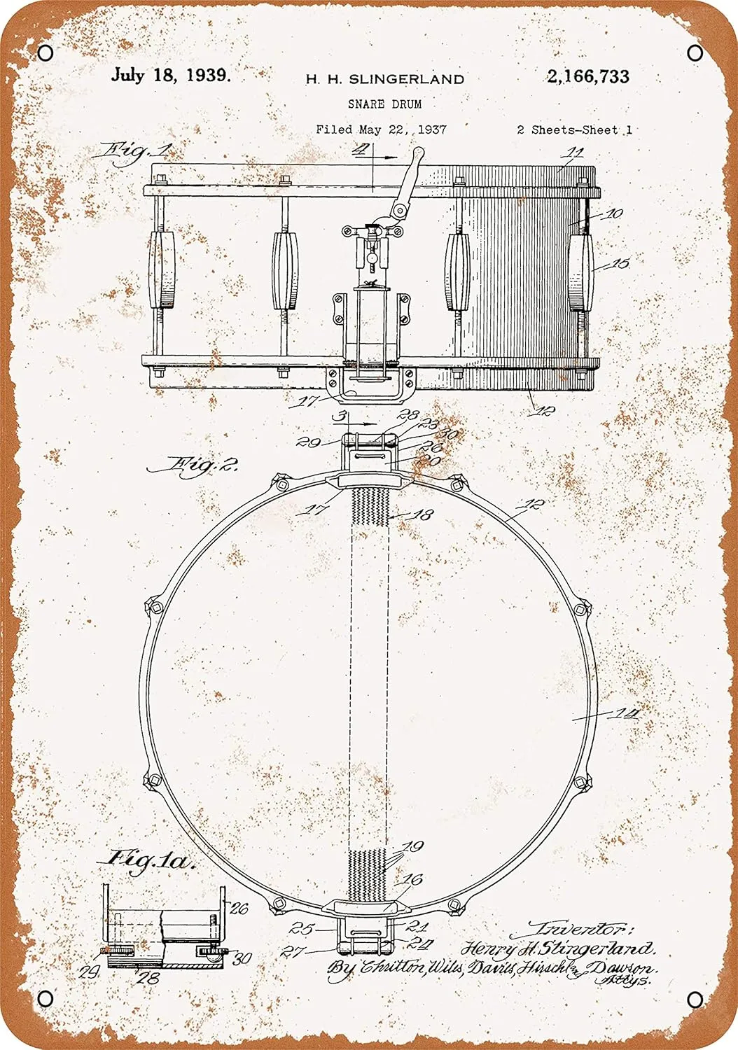 10 x 14 METAL SIGN - 1939 Slingerland Snare Drum Patent - Vintage Rusty Look