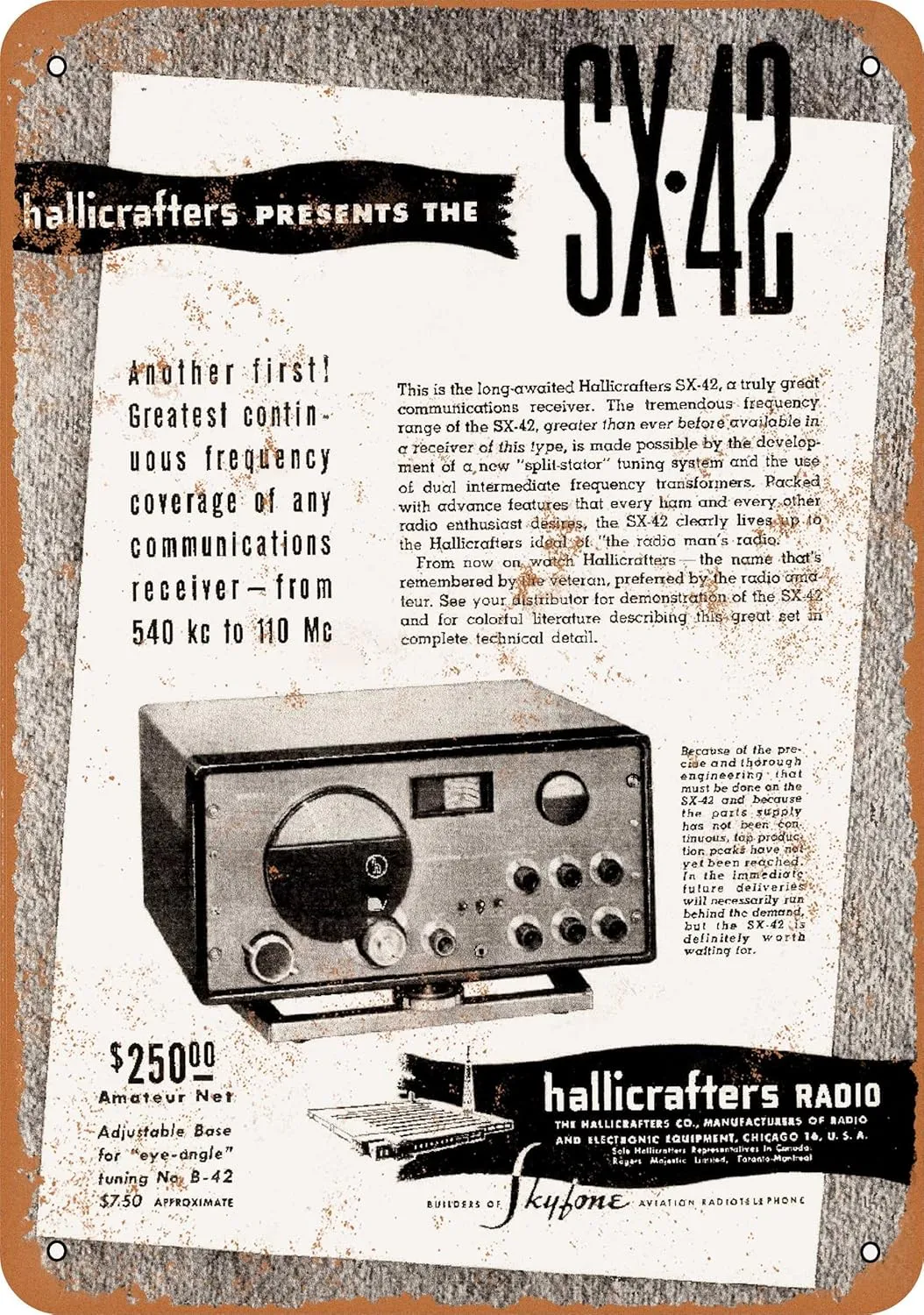 10 x 14 METAL SIGN - 1946 Hallicrafters SX-42 Radio Receiver - Vintage Rusty Look