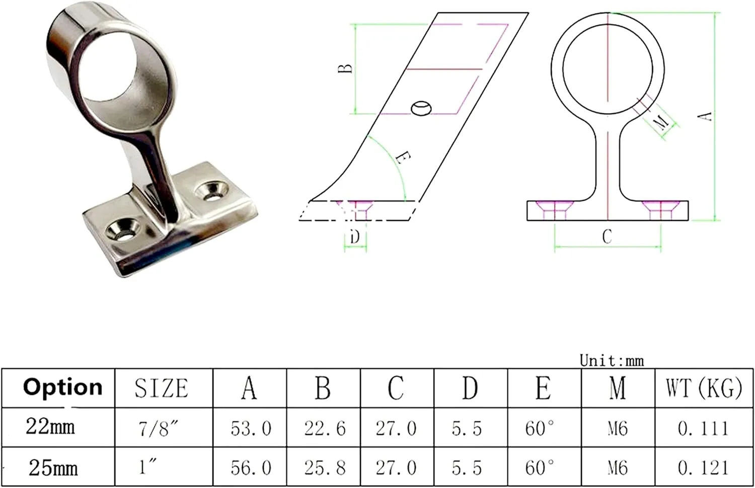 1/2 Pcs 60° Marine Boat 316 Stainless Steel 7/8" Hand Rail Fitting Center Support Bracket Stanchion Hardware for 22mm Tube
