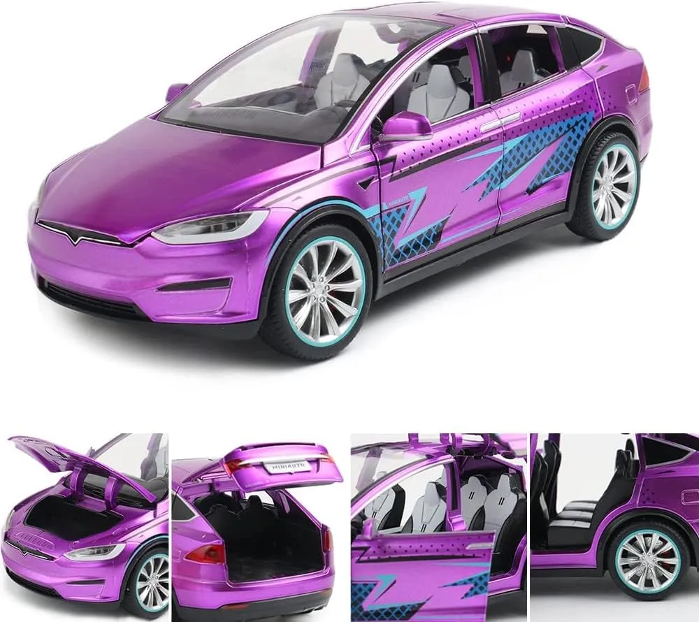 1/24 Scale Diecast Model X Toy Car, Alloy Casting Pull Back Collectible Car Vehicles with Sound and Light, Eagle Wing Door, Big Model X Car Model Toy for Kids Adults Gift (Purple)
