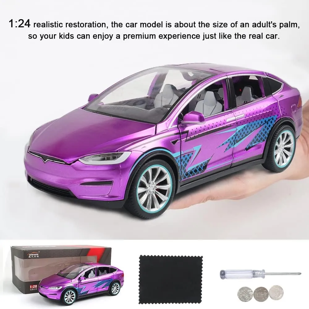 1/24 Scale Diecast Model X Toy Car, Alloy Casting Pull Back Collectible Car Vehicles with Sound and Light, Eagle Wing Door, Big Model X Car Model Toy for Kids Adults Gift (Purple)