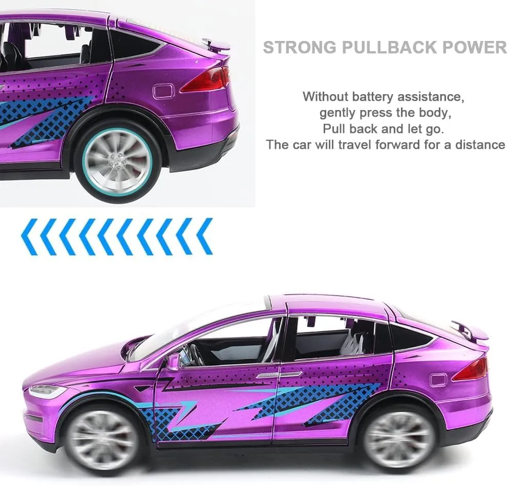 1/24 Scale Diecast Model X Toy Car, Alloy Casting Pull Back Collectible Car Vehicles with Sound and Light, Eagle Wing Door, Big Model X Car Model Toy for Kids Adults Gift (Purple)