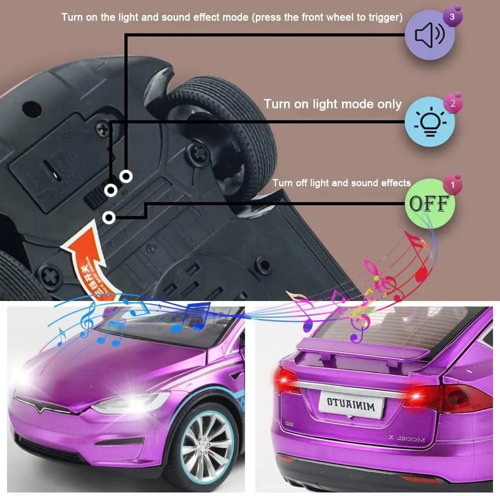 1/24 Scale Diecast Model X Toy Car, Alloy Casting Pull Back Collectible Car Vehicles with Sound and Light, Eagle Wing Door, Big Model X Car Model Toy for Kids Adults Gift (Purple)