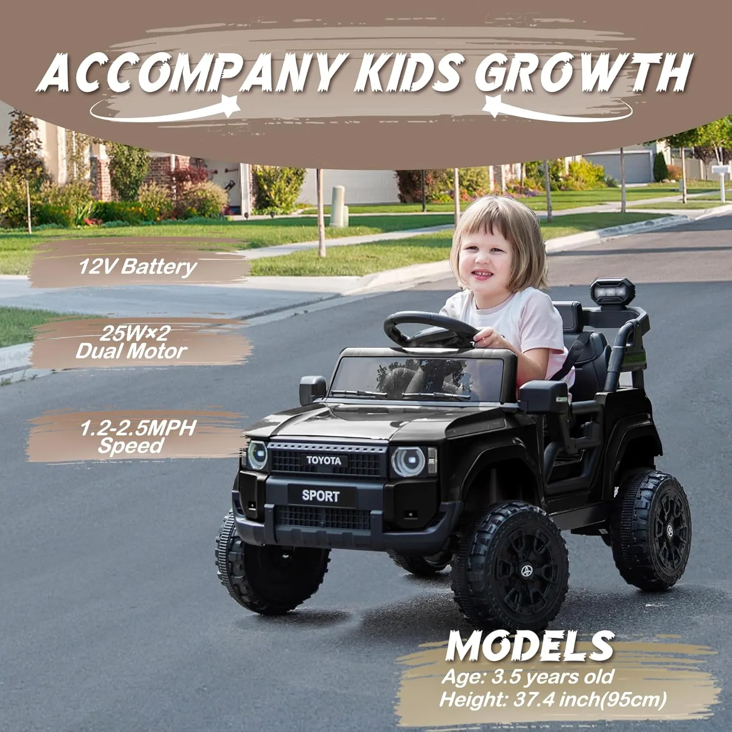 12V Kids Ride on Truck, Licensed Land Cruiser Ride on Car for Kids, Battery Powered Electric Vehicle with Remote Control, 3 Speeds, Spring Suspension, LED Light, Black