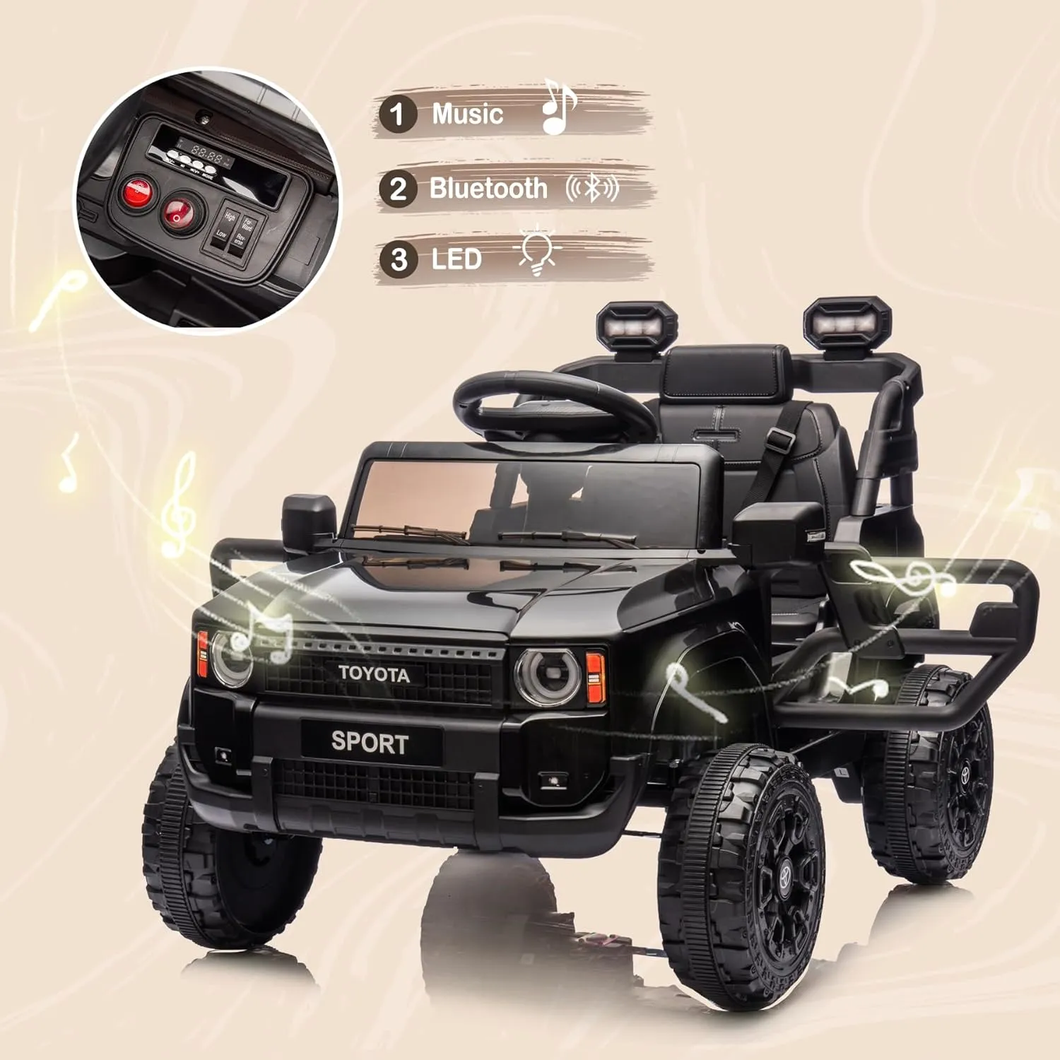 12V Kids Ride on Truck, Licensed Land Cruiser Ride on Car for Kids, Battery Powered Electric Vehicle with Remote Control, 3 Speeds, Spring Suspension, LED Light, Black