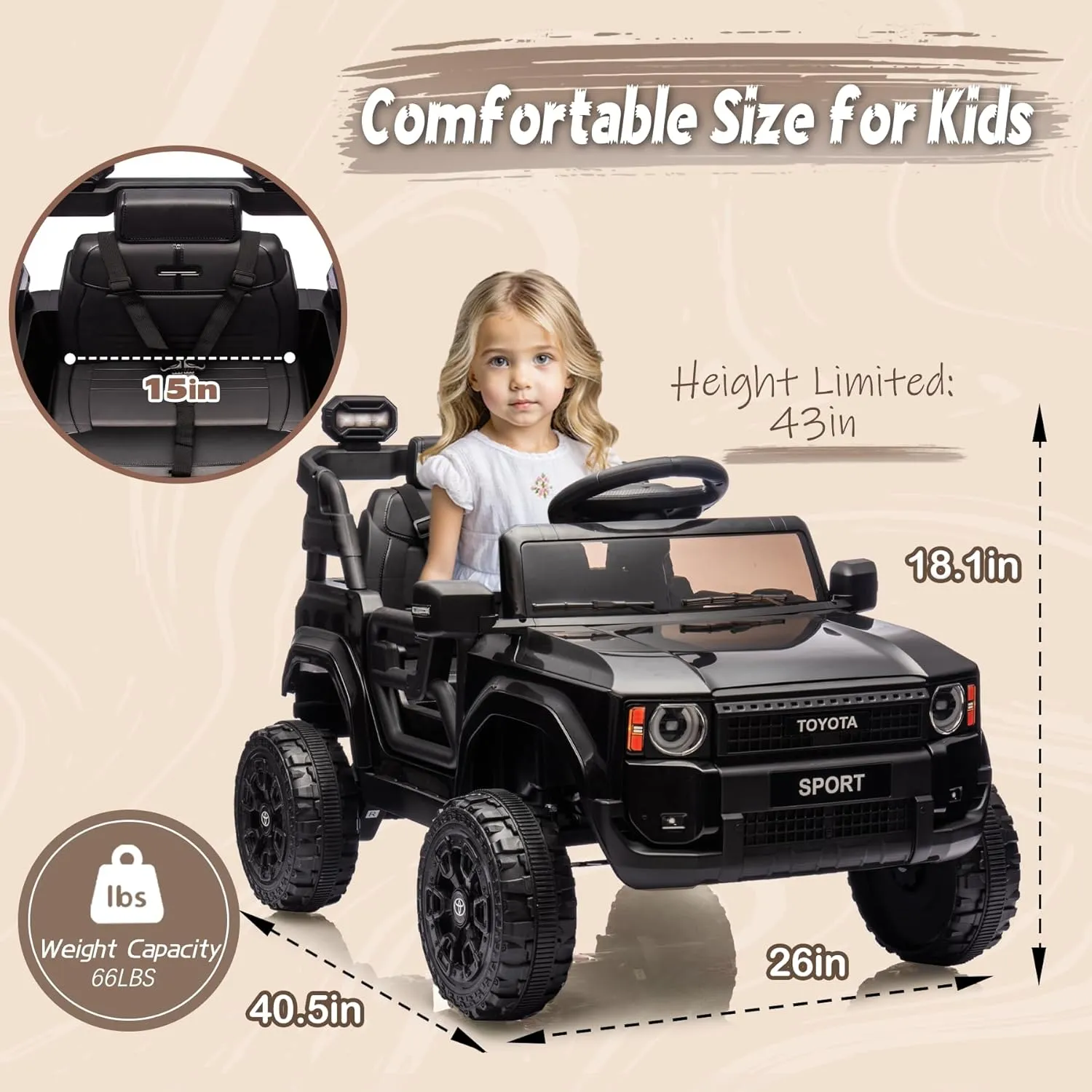 12V Kids Ride on Truck, Licensed Land Cruiser Ride on Car for Kids, Battery Powered Electric Vehicle with Remote Control, 3 Speeds, Spring Suspension, LED Light, Black