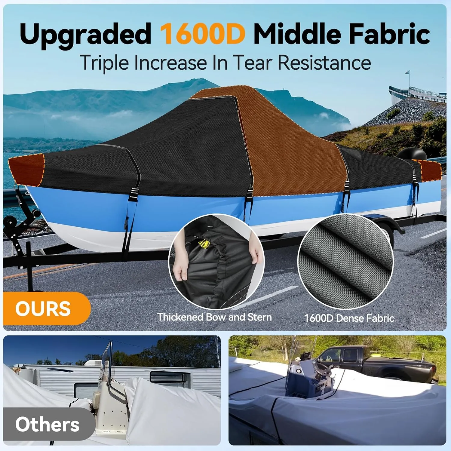 1600D 1200D Tearproof Center Console Boat Cover with 2" Wide Loops for Trailering and Mooring - Ultra Durable Waterproof Fits 17-19ft Center Console Boat, with Storage Bag