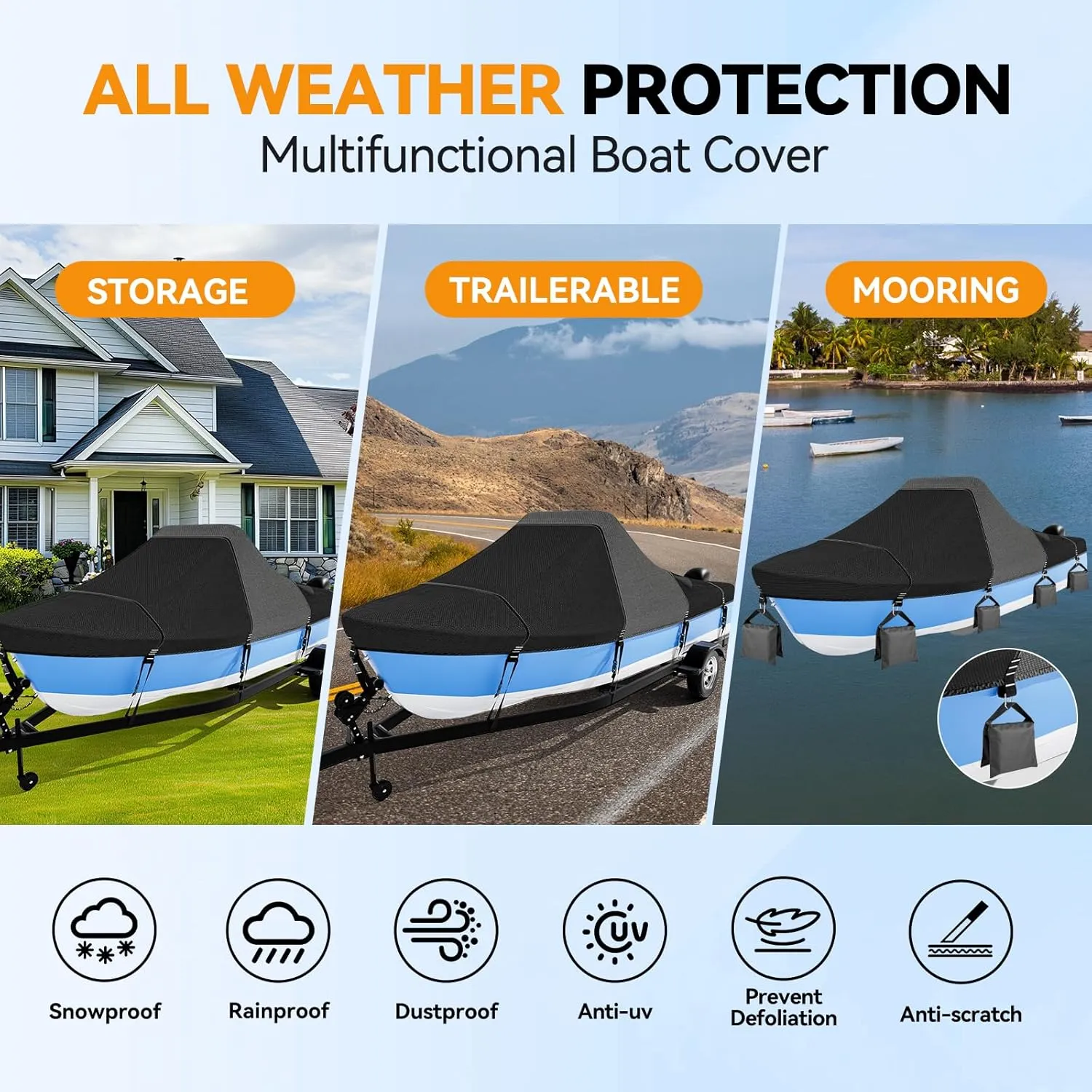1600D 1200D Tearproof Center Console Boat Cover with 2" Wide Loops for Trailering and Mooring - Ultra Durable Waterproof Fits 17-19ft Center Console Boat, with Storage Bag