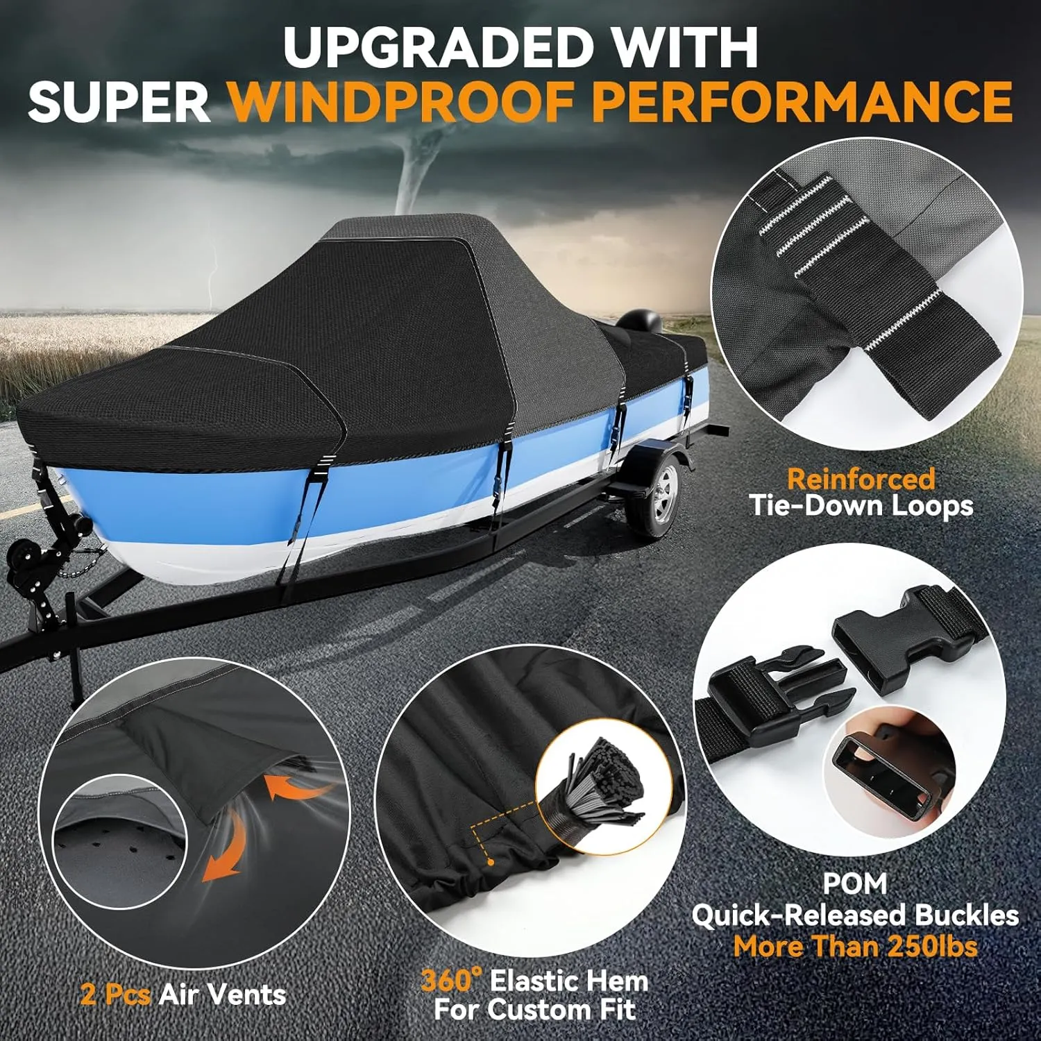 1600D 1200D Tearproof Center Console Boat Cover with 2" Wide Loops for Trailering and Mooring - Ultra Durable Waterproof Fits 17-19ft Center Console Boat, with Storage Bag