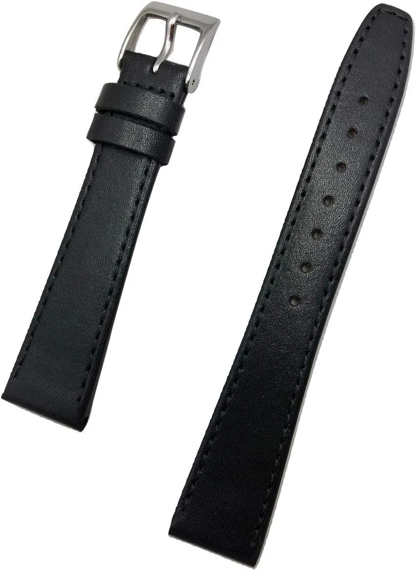 18mm Black Genuine Calfskin Leather Watchband | Smooth, Flat Replacement Watchstrap with Stitches that brings New Life to Any Watch (Mens Standard Length)
