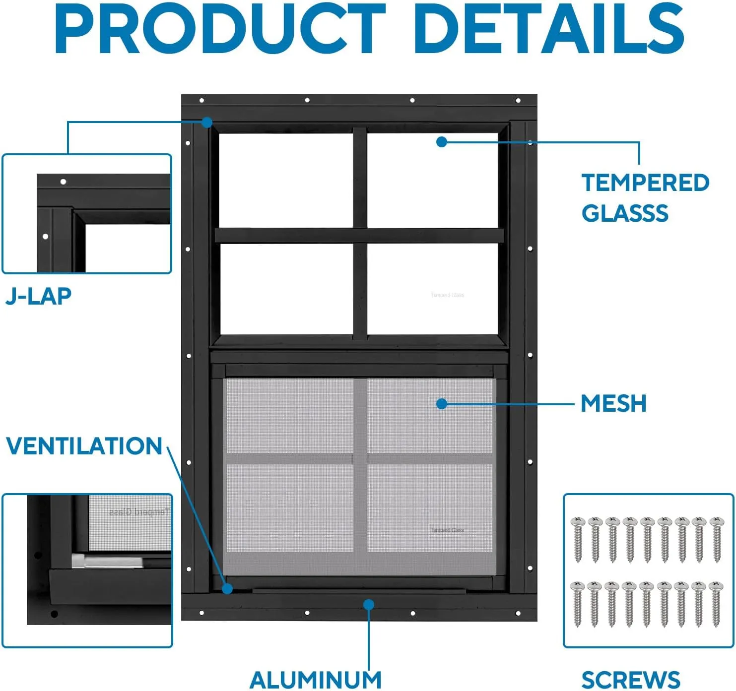 2 Pack 12" x 18" Black Shed Window with Tempered Glass and Fiberglass Screen Household Sliding Windows with Screws for Shed, Chicken Coop, Playhouse, Garage and Barns