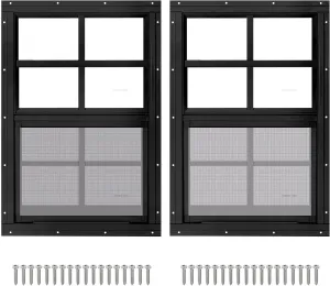 2 Pack 12" x 18" Black Shed Window with Tempered Glass and Fiberglass Screen Household Sliding Windows with Screws for Shed, Chicken Coop, Playhouse, Garage and Barns