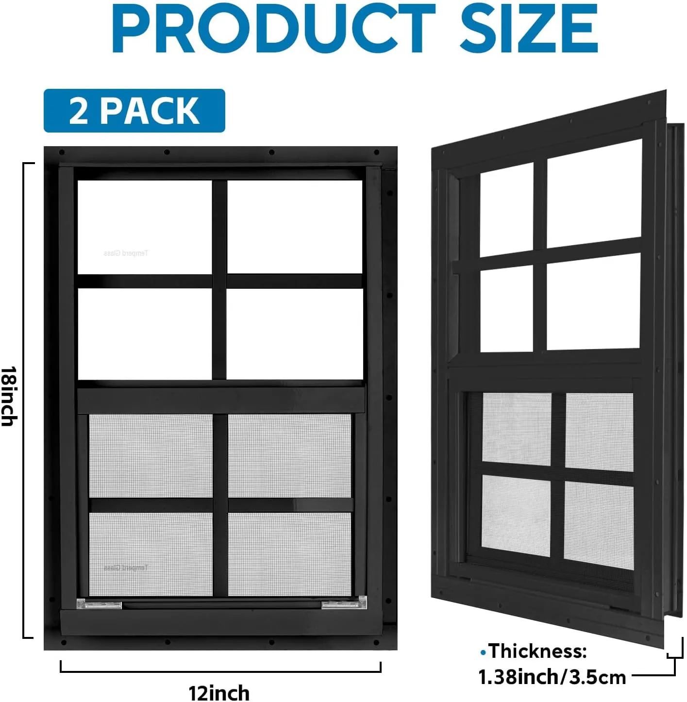 2 Pack 12" x 18" Black Shed Window with Tempered Glass and Fiberglass Screen Household Sliding Windows with Screws for Shed, Chicken Coop, Playhouse, Garage and Barns