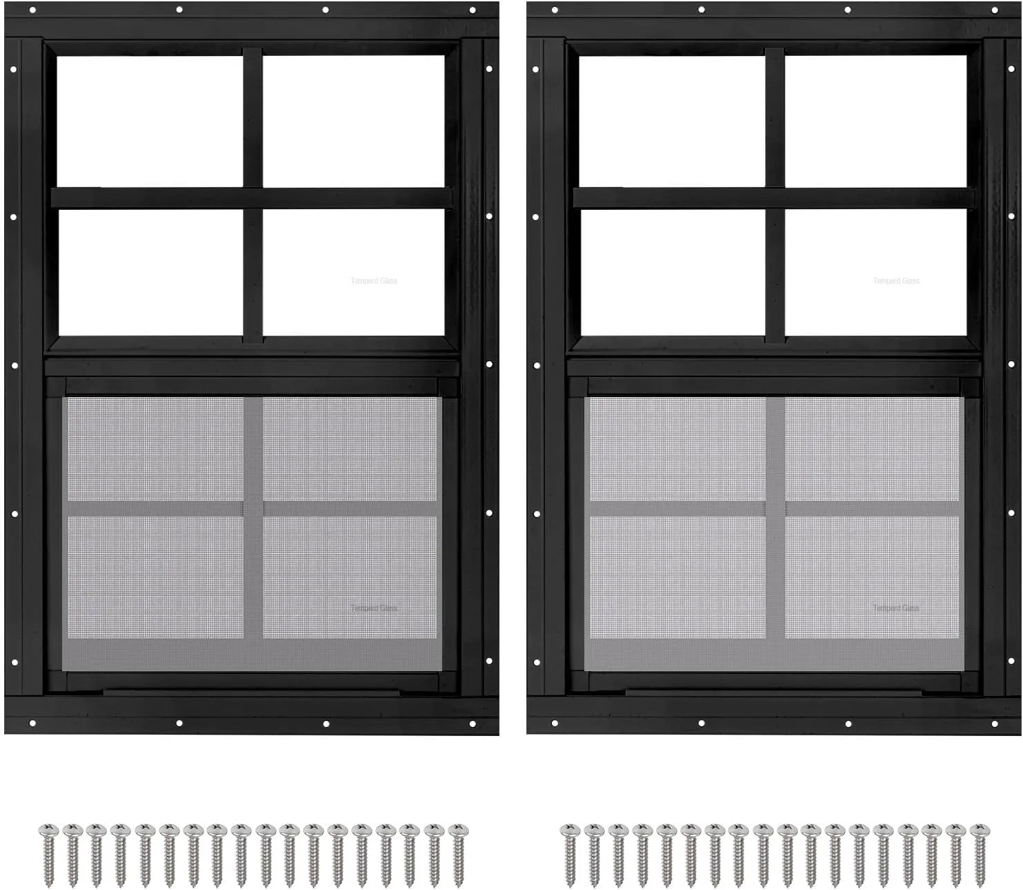 2 Pack 12" x 18" Black Shed Window with Tempered Glass and Fiberglass Screen Household Sliding Windows with Screws for Shed, Chicken Coop, Playhouse, Garage and Barns