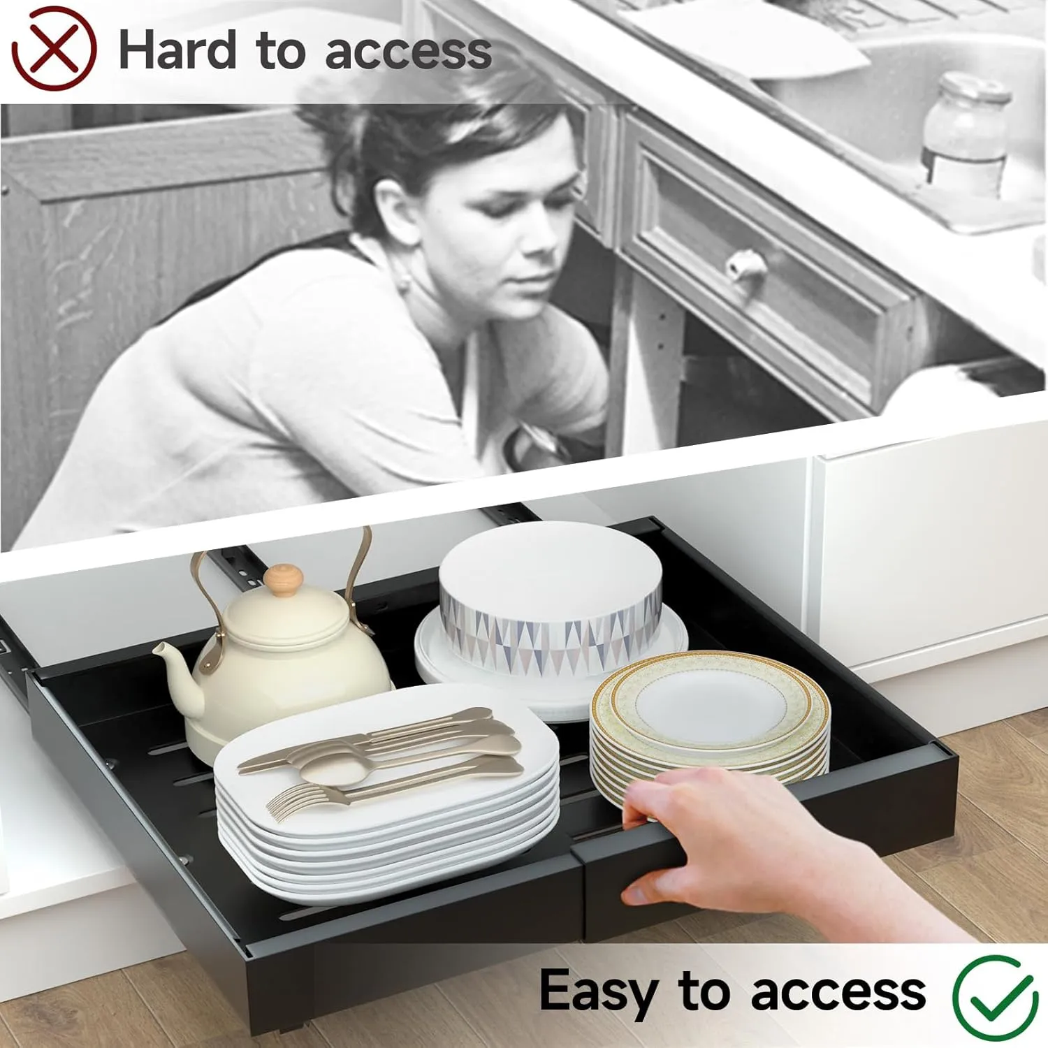 2 Pack Pull Out Cabinet Organizer, No Screw Adjustable Cabinet Drawers, Expandable(12.6"-20.47") Slide Out Drawers for Kitchen Cabinets, Cabinet Roll Out Shelves in Pantry or Bathroom, 16.54" Deep
