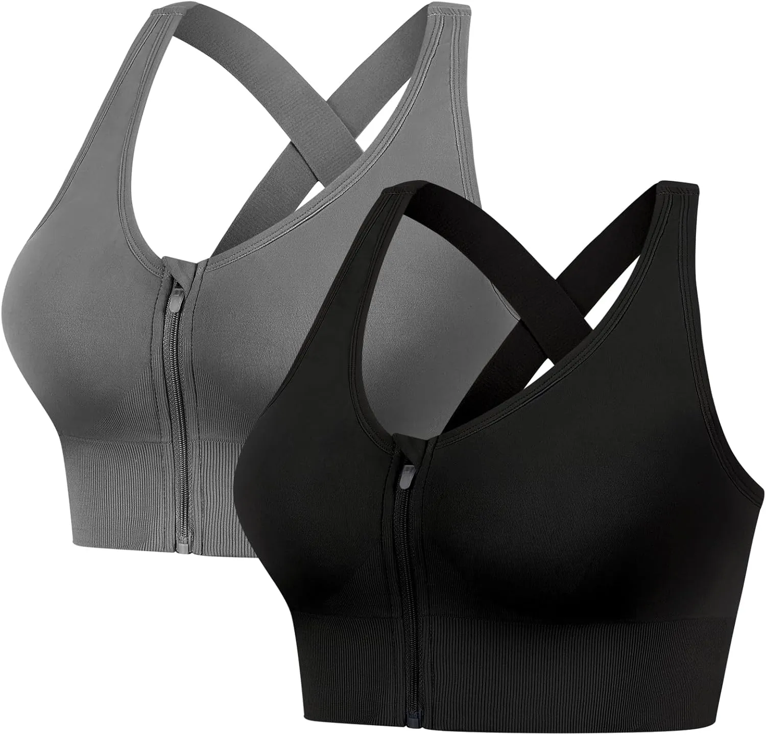 2 Pack Sports Bras for Women, Zipper Front Closure Workout Running Bra High Impact Seamless Padded Wireless Yoga Bras