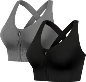 2 Pack Sports Bras for Women, Zipper Front Closure Workout Running Bra High Impact Seamless Padded Wireless Yoga Bras