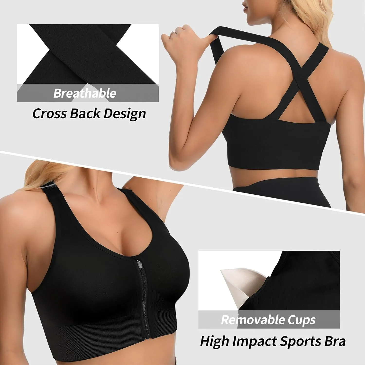 2 Pack Sports Bras for Women, Zipper Front Closure Workout Running Bra High Impact Seamless Padded Wireless Yoga Bras