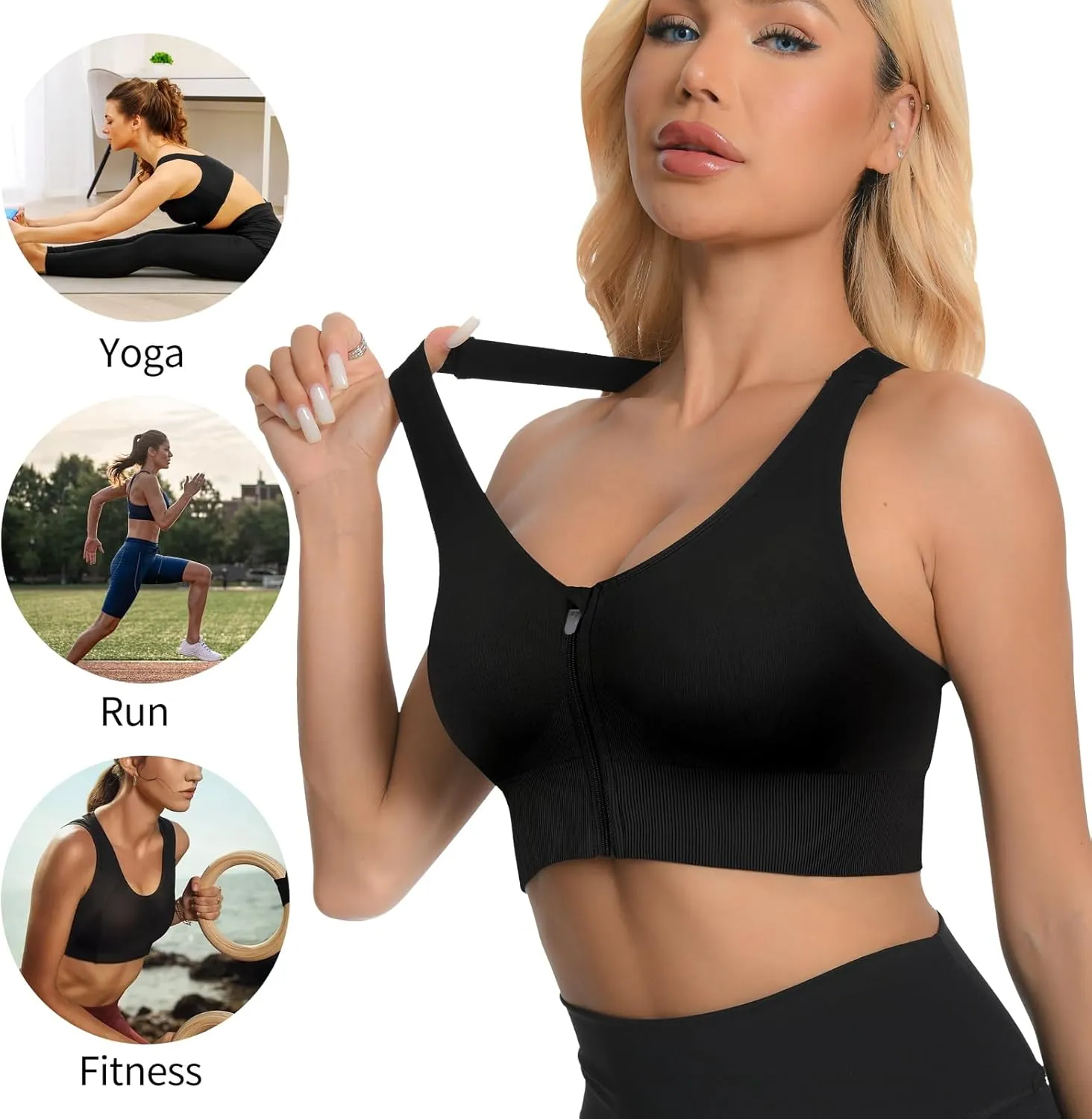 2 Pack Sports Bras for Women, Zipper Front Closure Workout Running Bra High Impact Seamless Padded Wireless Yoga Bras