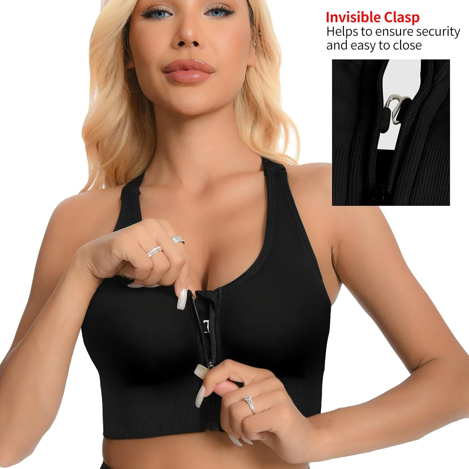 2 Pack Sports Bras for Women, Zipper Front Closure Workout Running Bra High Impact Seamless Padded Wireless Yoga Bras