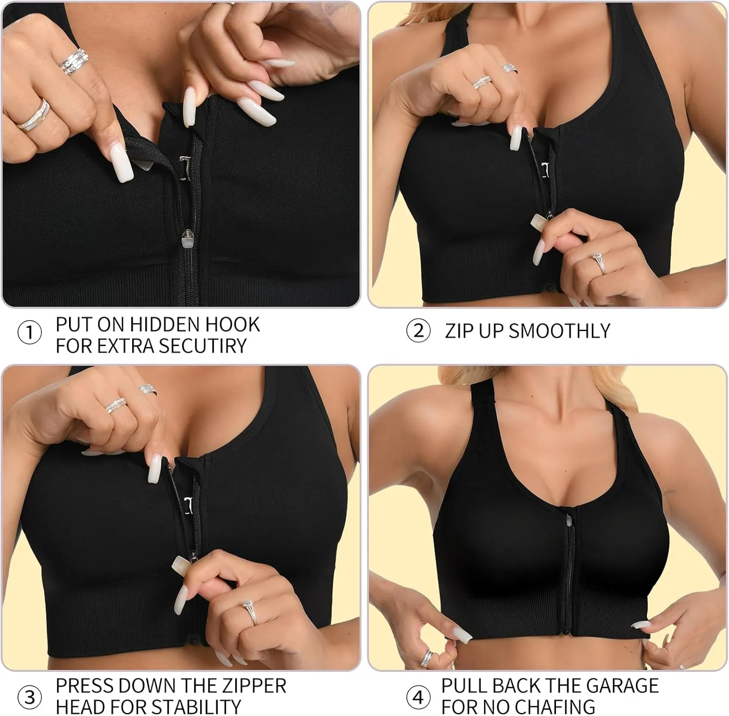 2 Pack Sports Bras for Women, Zipper Front Closure Workout Running Bra High Impact Seamless Padded Wireless Yoga Bras