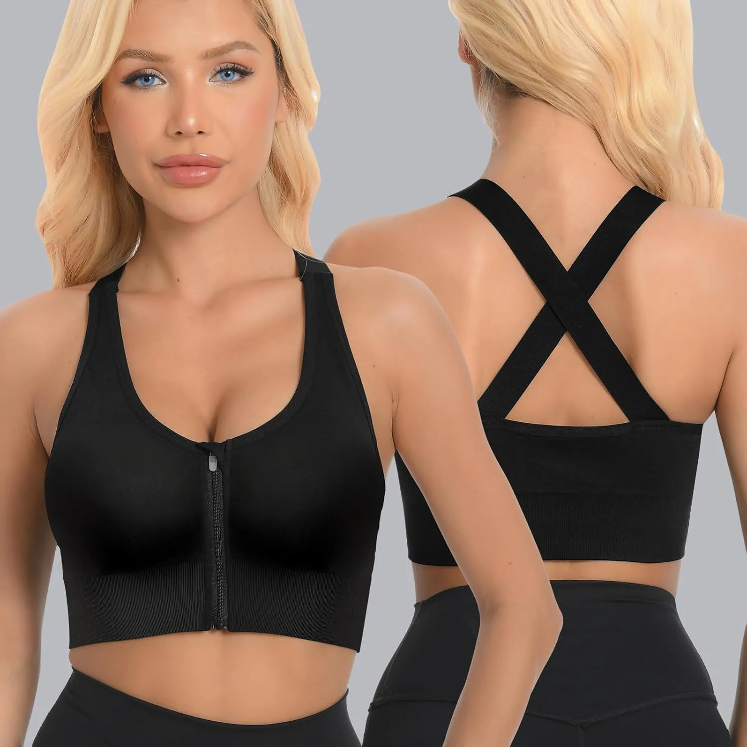 2 Pack Sports Bras for Women, Zipper Front Closure Workout Running Bra High Impact Seamless Padded Wireless Yoga Bras