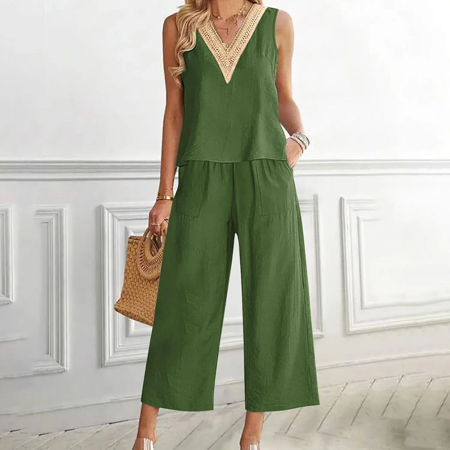 2 Piece Summer Sets For Women Cotton Linen Beach Vacation Outfits 2024 v Neck Crop Top Wide Leg Capri Pants Set