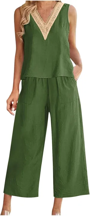 2 Piece Summer Sets For Women Cotton Linen Beach Vacation Outfits 2024 v Neck Crop Top Wide Leg Capri Pants Set