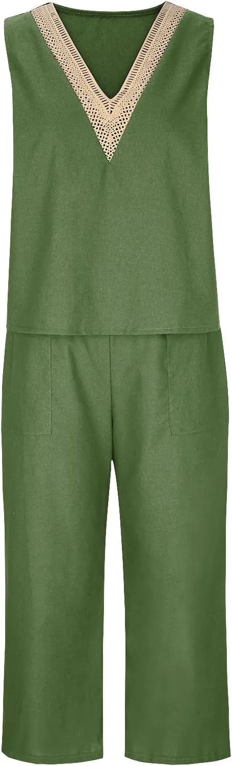 2 Piece Summer Sets For Women Cotton Linen Beach Vacation Outfits 2024 v Neck Crop Top Wide Leg Capri Pants Set
