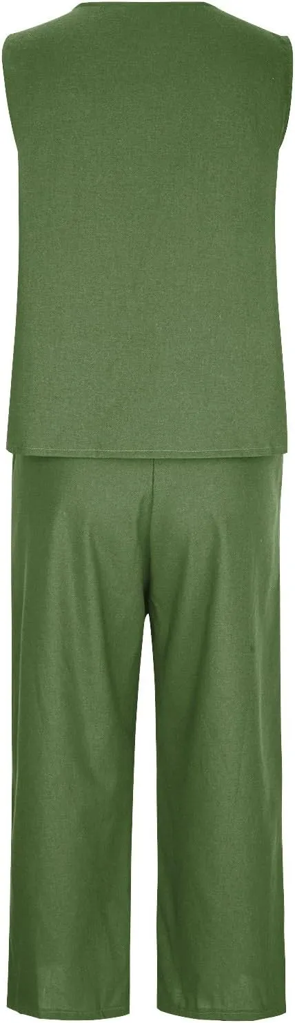 2 Piece Summer Sets For Women Cotton Linen Beach Vacation Outfits 2024 v Neck Crop Top Wide Leg Capri Pants Set