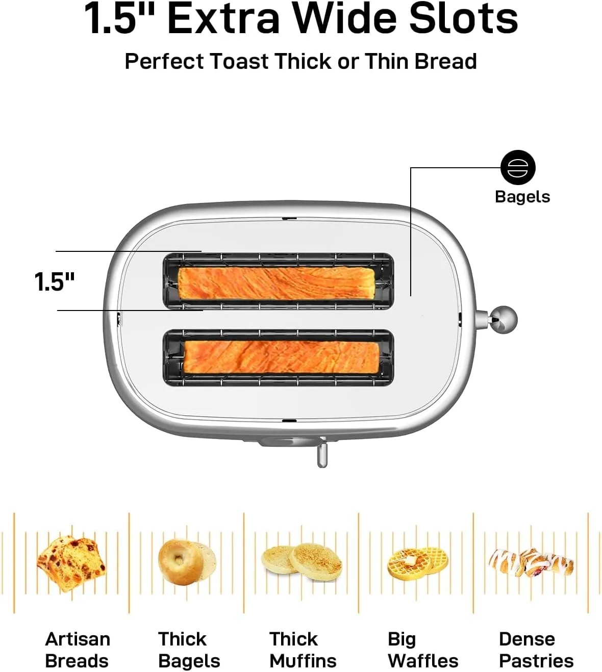 2 Slice Toaster, Wide Slots, Auto Shutoff, 6 Shade Dial. Perfect for Fruit Bread, Bagels, Waffles, Lift & Look and Frozen Options, Easy Clean Crumb Tray, Gray