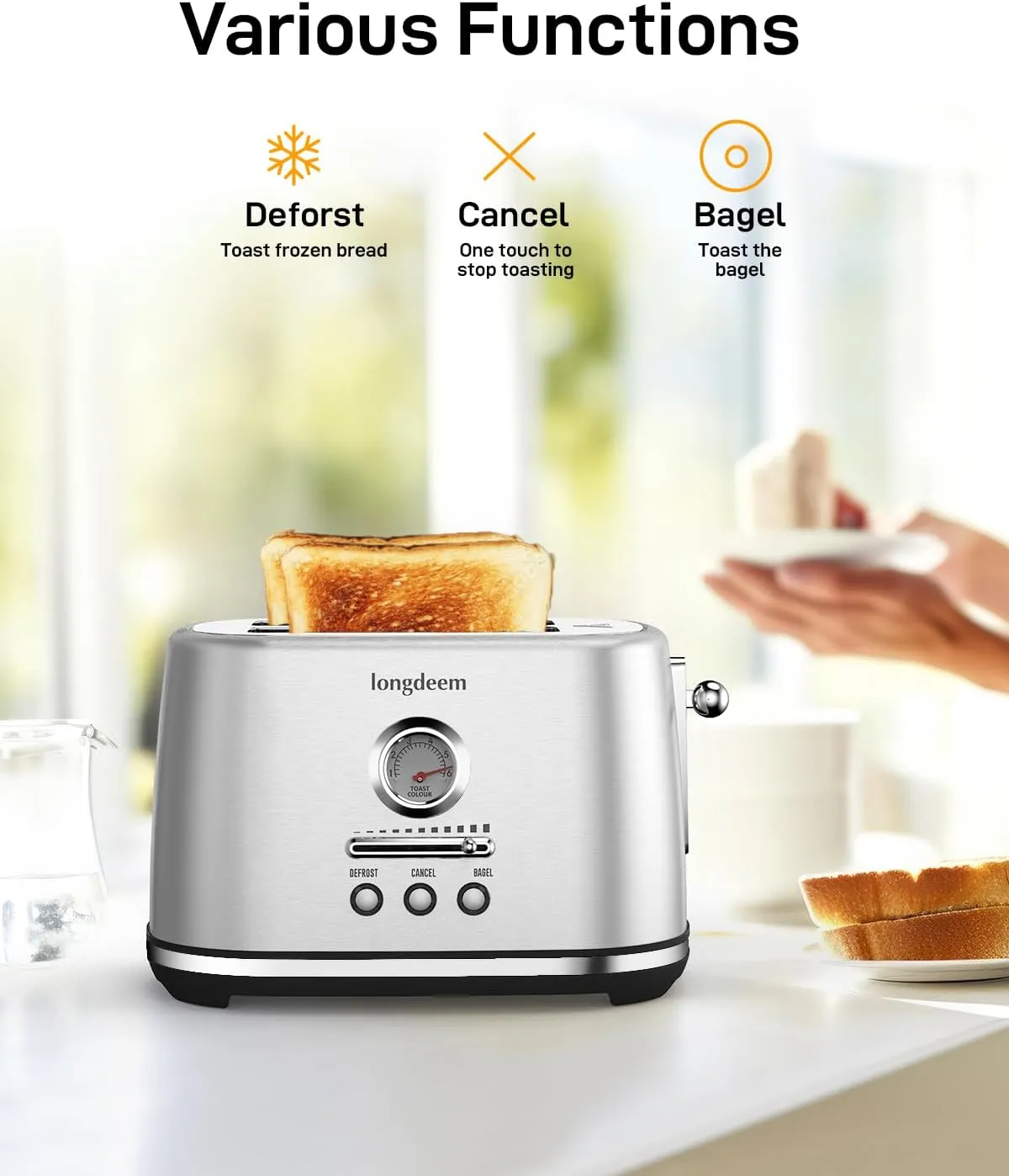 2 Slice Toaster, Wide Slots, Auto Shutoff, 6 Shade Dial. Perfect for Fruit Bread, Bagels, Waffles, Lift & Look and Frozen Options, Easy Clean Crumb Tray, Gray