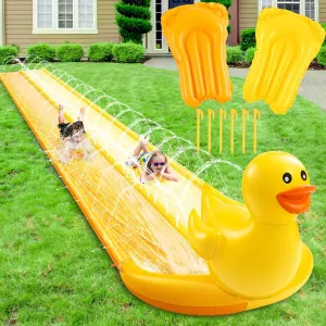 20ft 3D Duck Slip Water Slide Double Lane Lawn Water Slides 3 Sided Safe Fence Heavy Duty Inflatable with 2 Bodyboards and Sprinkler for Boy Girl Outdoor Backyard Play