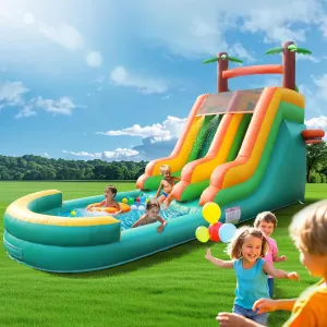 26.3FT Commercial Grade Inflatable Water Silde for Kids Adults, Heavy Duty PVC Adult Water Slides with Big Airtight Water Pool, Adult tWaterslide with 1100W Blower for Outdoor，Green