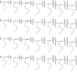 28Pcs 7 Sizes Iron Slide On End Clasps Platinum Tube Slider Crimp Cord Ends Buckles Slide Tube End Bar Connectors Tubes Slider End Caps with Lobster Clasps for Jewelry Making