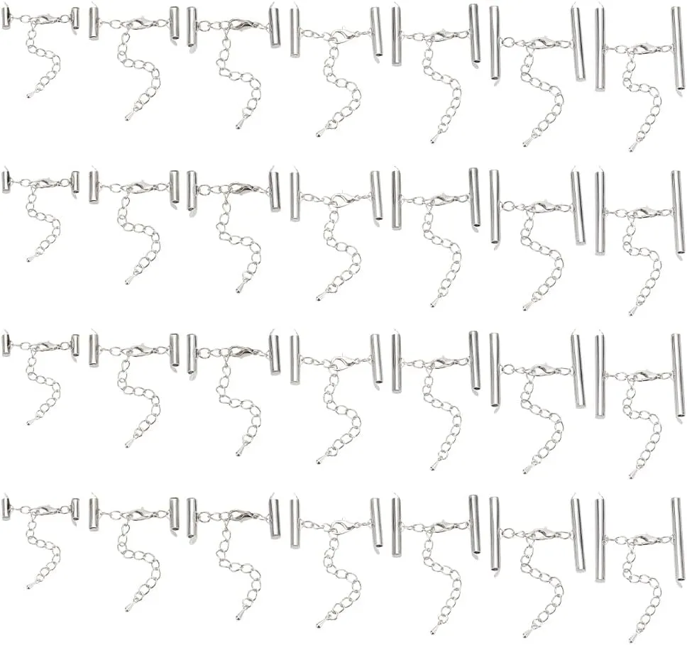 28Pcs 7 Sizes Iron Slide On End Clasps Platinum Tube Slider Crimp Cord Ends Buckles Slide Tube End Bar Connectors Tubes Slider End Caps with Lobster Clasps for Jewelry Making