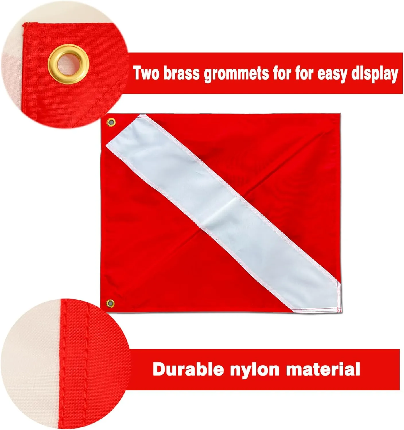 3 Pack Diver Down Flag with Removable Stiffening Pole 20 x 24 Inch- Nylon Red whithe Warning Diving Flag For Scuba Diving Spearfishing Freediving | Use with Float, Buoy, Boat