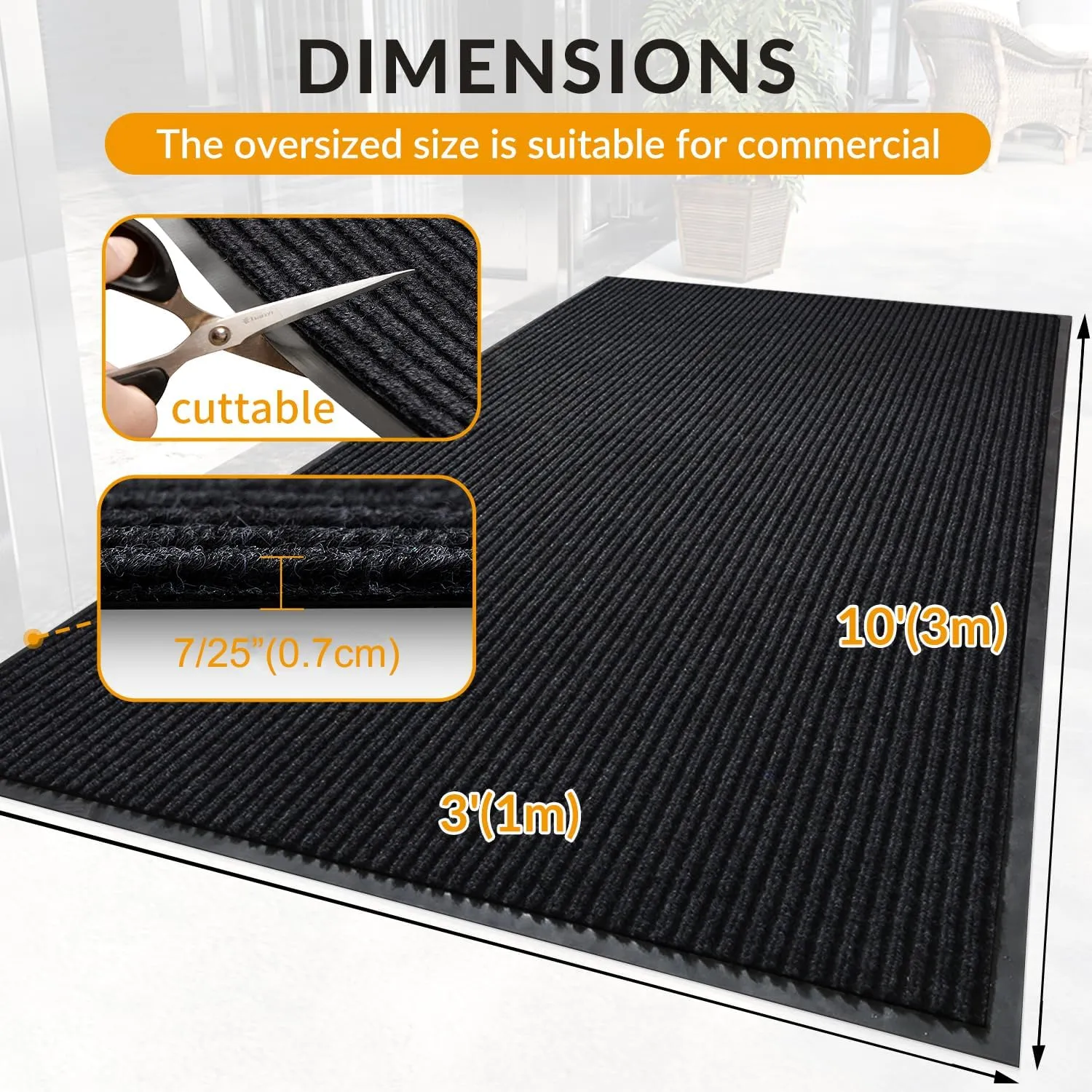 3' x 10' High Traffic Guard Doormat, Commercial Grade Door Floor Mat Striped Brush Step Entrance Mat with Rubber Backing, Low Profile Commercial Rugs for Entryway, Easy to Clean(Jet Black)