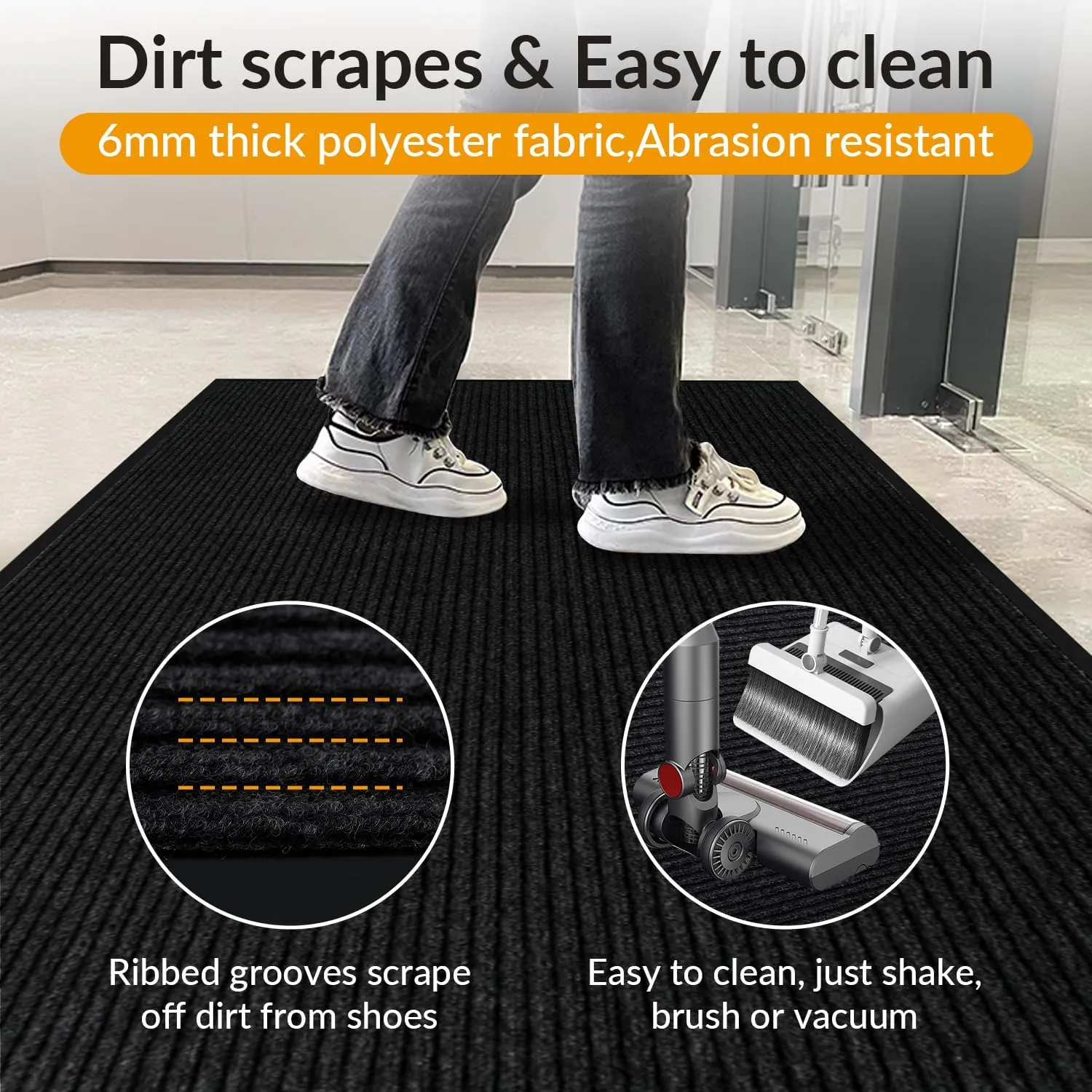 3' x 10' High Traffic Guard Doormat, Commercial Grade Door Floor Mat Striped Brush Step Entrance Mat with Rubber Backing, Low Profile Commercial Rugs for Entryway, Easy to Clean(Jet Black)