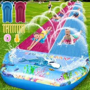 33 FT Extra Long Water Slides for Kids Adults, Giant Double Lawn Water Slip Heavy Duty with 2 Bodyboards, Summer Water Slides Toys with Crash Pad for Backyard Outdoor