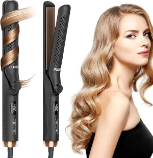 360° Airflow Styler Curling Iron, 1.25 Inch Hair Straightener and Curler 2 in 1, LED Display Curling Flat Iron with Cooling Air Vents to Lock in Style, Adjustable Temp Curling Wand (Black)